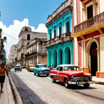 **A vibrant street scene in Havana's Old City (Habana Vieja), Cuba. Capture the colorful colonial architecture, classic cars, and people dancing to salsa music. Focus on the lively atmosphere and the contrast between the old buildings and the energy of the modern city. Include details like cobblestone streets and vintage signs.**