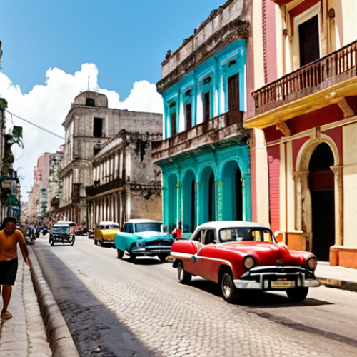 **A vibrant street scene in Havana's Old City (Habana Vieja), Cuba. Capture the colorful colonial architecture, classic cars, and people dancing to salsa music. Focus on the lively atmosphere and the contrast between the old buildings and the energy of the modern city. Include details like cobblestone streets and vintage signs.**