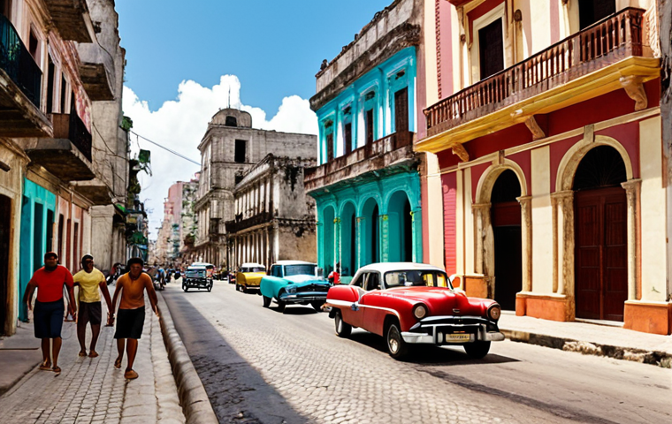 **A vibrant street scene in Havana's Old City (Habana Vieja), Cuba. Capture the colorful colonial architecture, classic cars, and people dancing to salsa music. Focus on the lively atmosphere and the contrast between the old buildings and the energy of the modern city. Include details like cobblestone streets and vintage signs.**