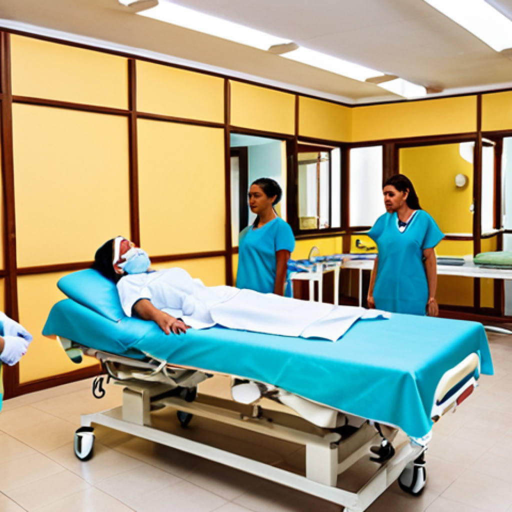 **Image:** A modern, well-equipped Cuban medical center with diverse medical professionals (doctors, nurses, physiotherapists) attending to patients. The scene should convey a sense of professionalism and advanced medical technology alongside Cuban cultural elements.