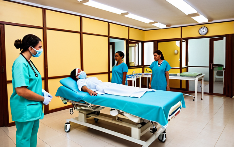**Image:** A modern, well-equipped Cuban medical center with diverse medical professionals (doctors, nurses, physiotherapists) attending to patients. The scene should convey a sense of professionalism and advanced medical technology alongside Cuban cultural elements.