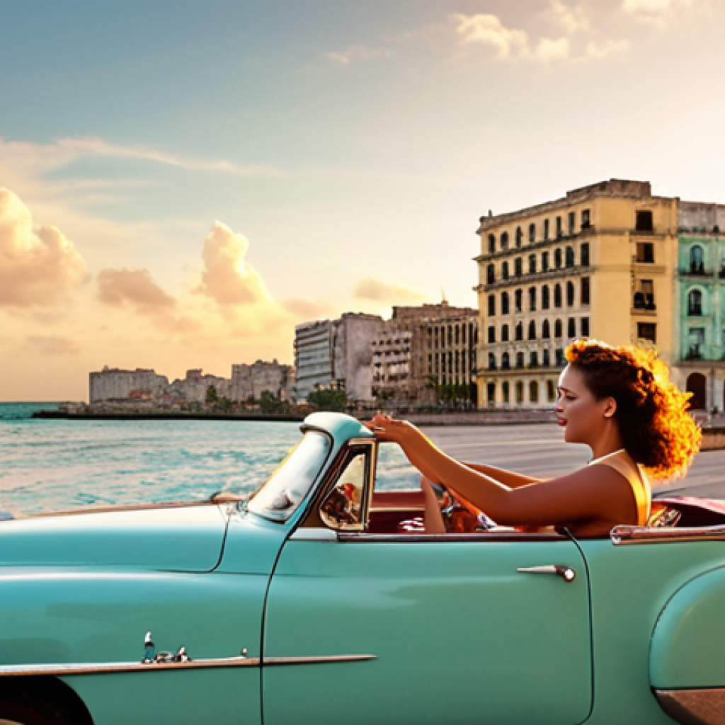 **Prompt:** A romantic couple rides in a vintage 1950s American convertible along the Malecón in Havana at sunset, with colorful buildings in the background and the ocean breeze in their hair.