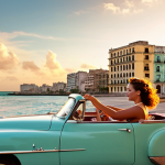 **Prompt:** A romantic couple rides in a vintage 1950s American convertible along the Malecón in Havana at sunset, with colorful buildings in the background and the ocean breeze in their hair.