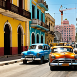 ** A bustling Havana street scene, vintage cars alongside modern vehicles, with Russian tourists taking photos of the colorful buildings. In the background, construction cranes indicate new infrastructure projects, hinting at Russian investment. Warm, sunny lighting.

**