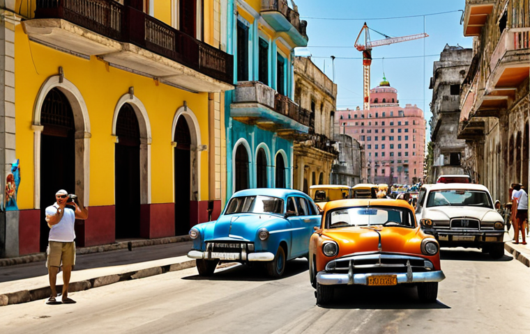 ** A bustling Havana street scene, vintage cars alongside modern vehicles, with Russian tourists taking photos of the colorful buildings. In the background, construction cranes indicate new infrastructure projects, hinting at Russian investment. Warm, sunny lighting.
**